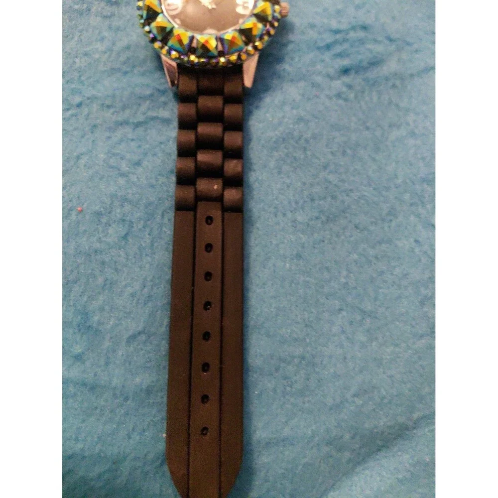 New Black Water Resistant With Blue Iridescent Rhinestone Designed Watch Analog